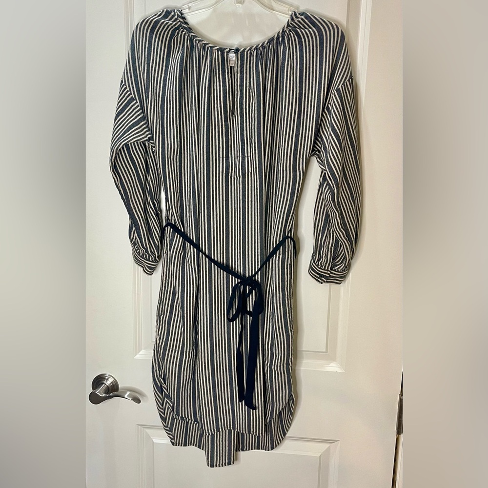 LOFT Black & Cream Striped Shirt Dress with Rounded Hemline Sz MP